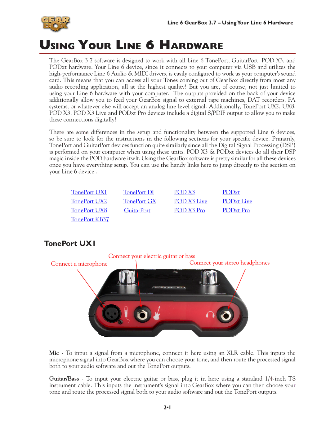 Line 6 3.7 manual Using Your Line 6 Hardware, TonePort UX1 