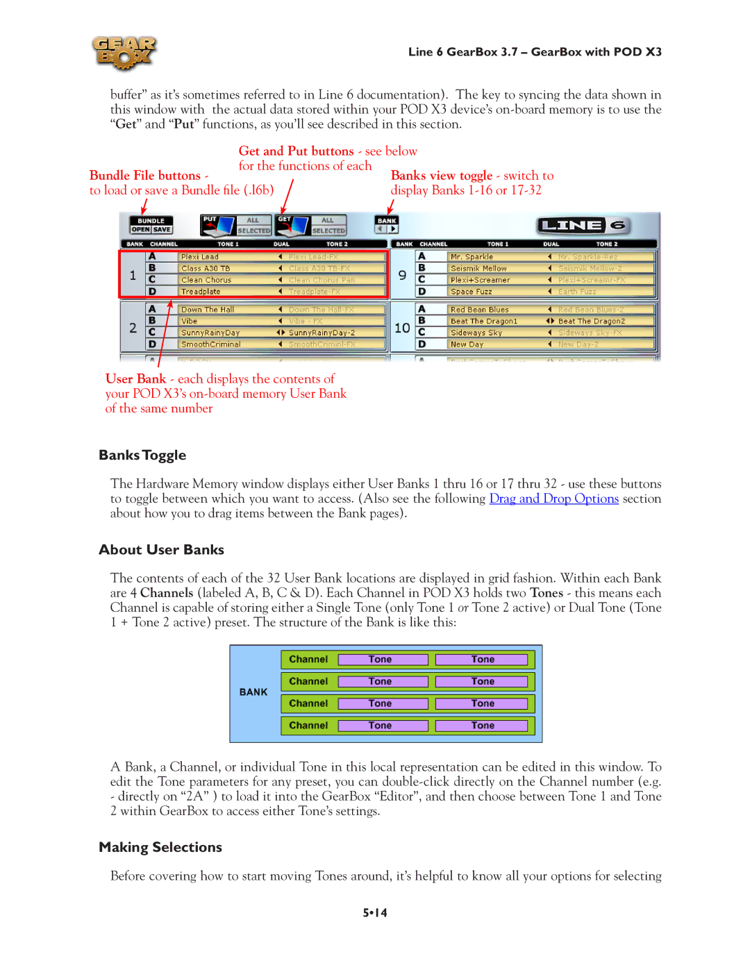 Line 6 3.7 manual Banks Toggle, About User Banks, Making Selections 