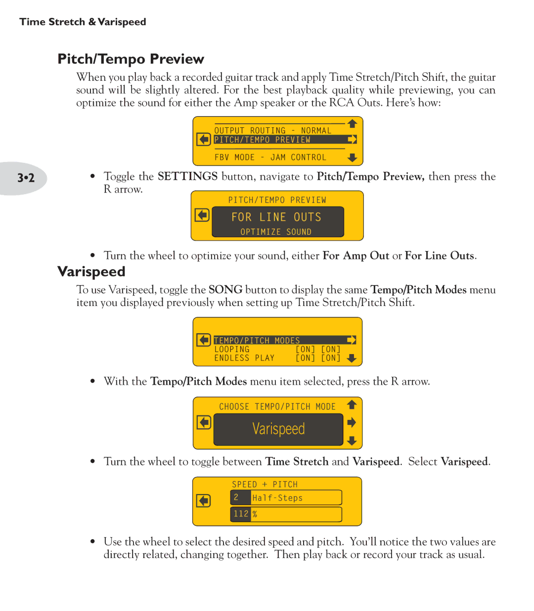 Line 6 Amp manual Pitch/Tempo Preview, Varispeed 