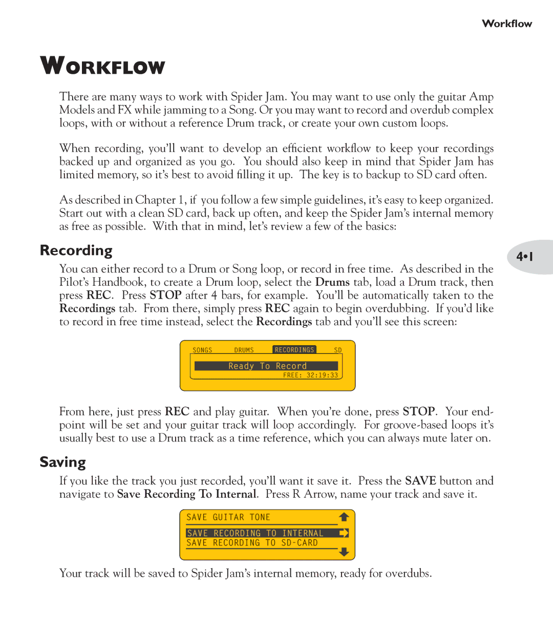 Line 6 Amp manual Workflow, Recording, Saving 