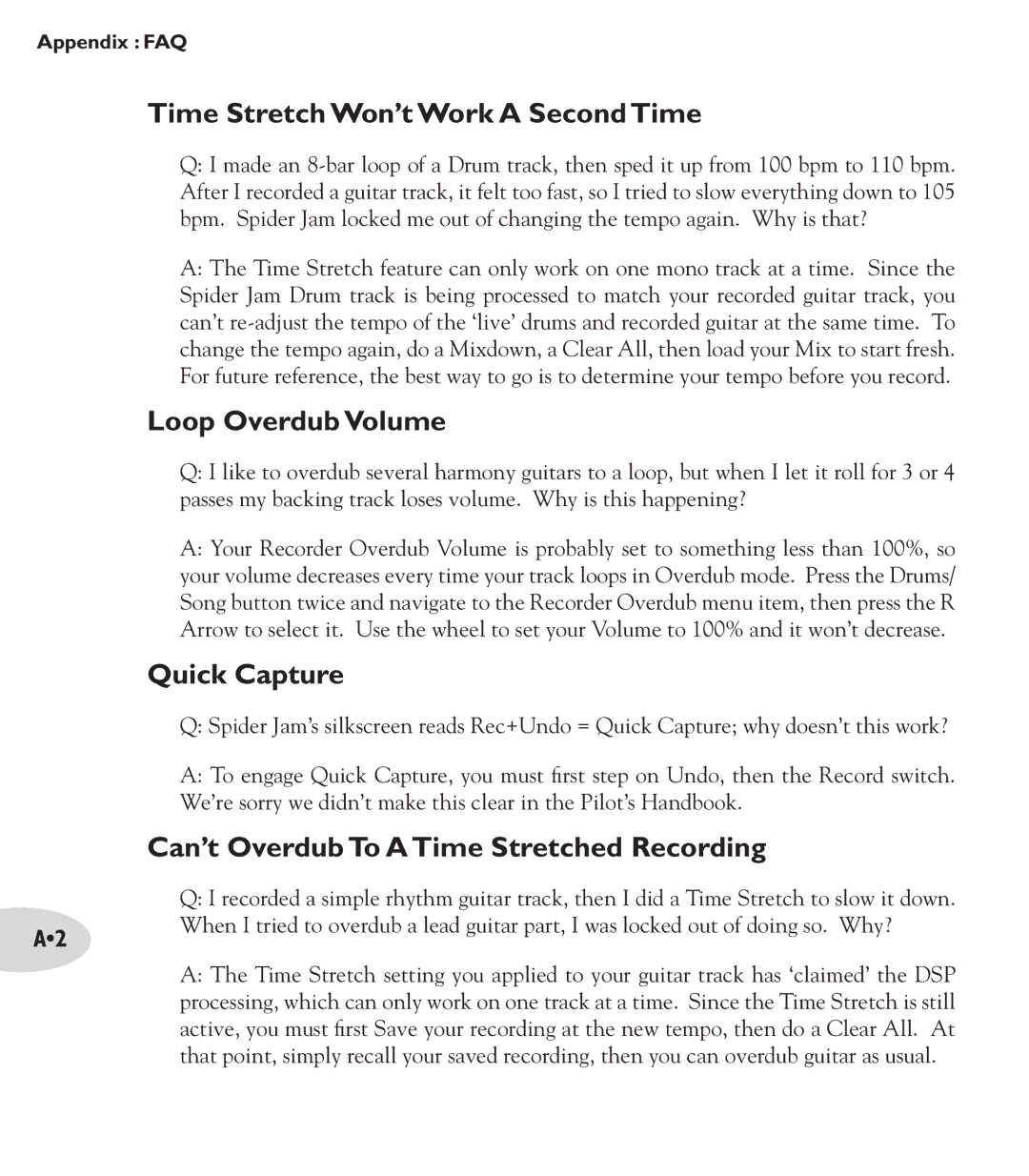 Line 6 Amp manual Time Stretch Won’t Work a Second Time, Loop Overdub Volume, Quick Capture 