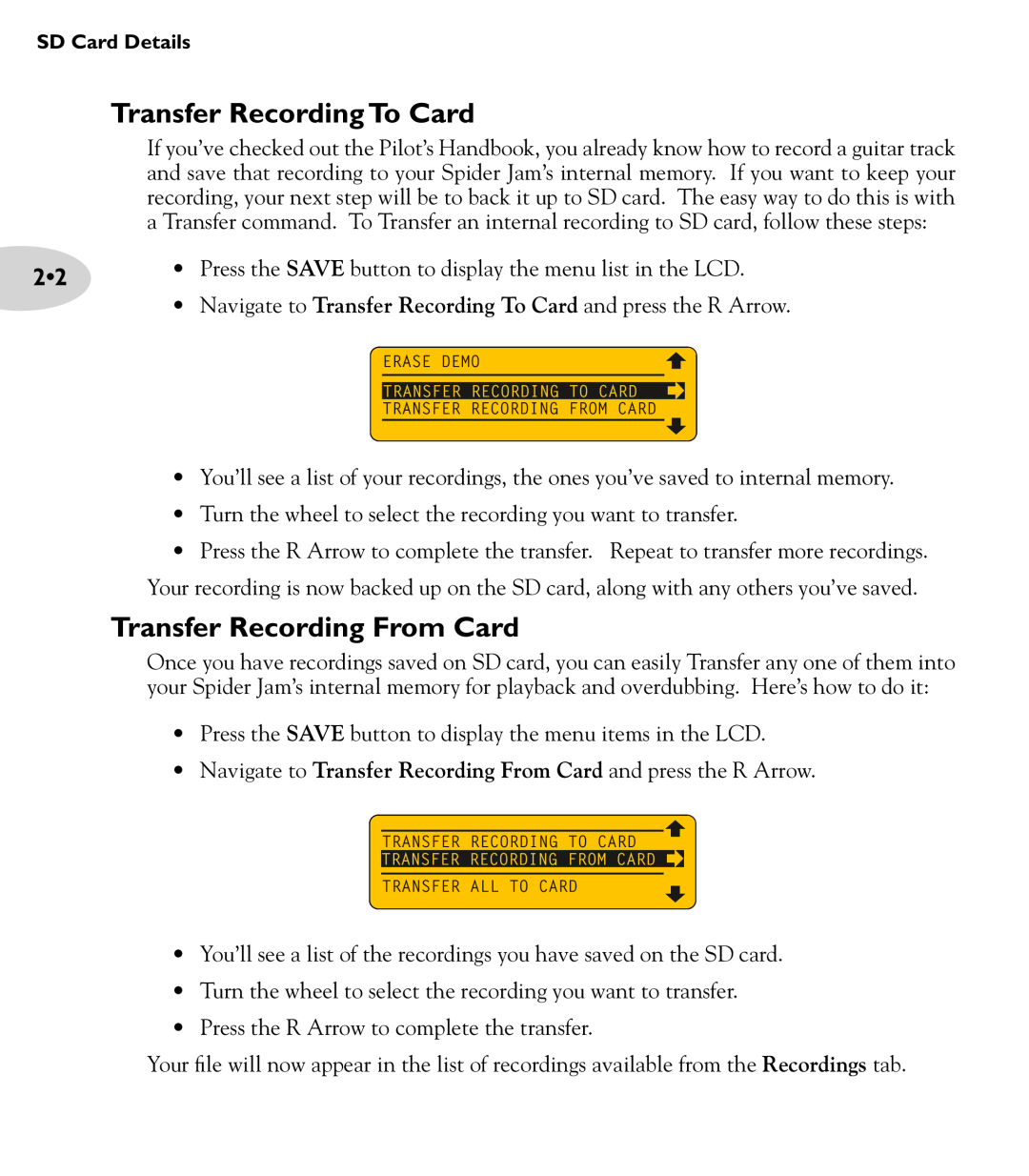 Line 6 Amp manual Transfer Recording To Card, Transfer Recording From Card 
