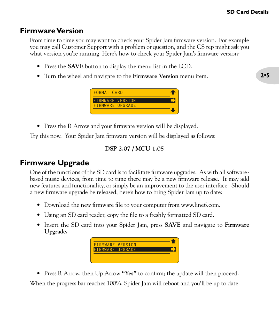 Line 6 Amp manual Firmware Version, Firmware Upgrade, DSP 2.07 / MCU 