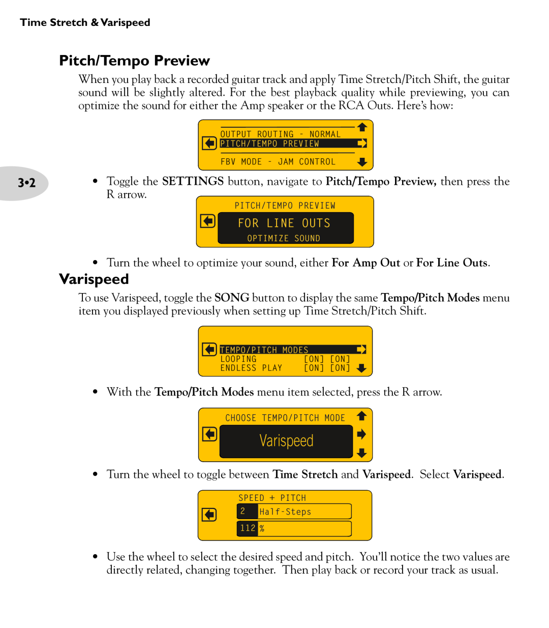 Line 6 Amp manual Pitch/Tempo Preview, Varispeed, For Line Outs 