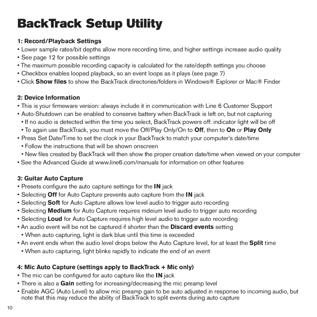 Line 6 BackTrack Series manual BackTrack Setup Utility, Record/Playback Settings, Device Information, Guitar Auto Capture 