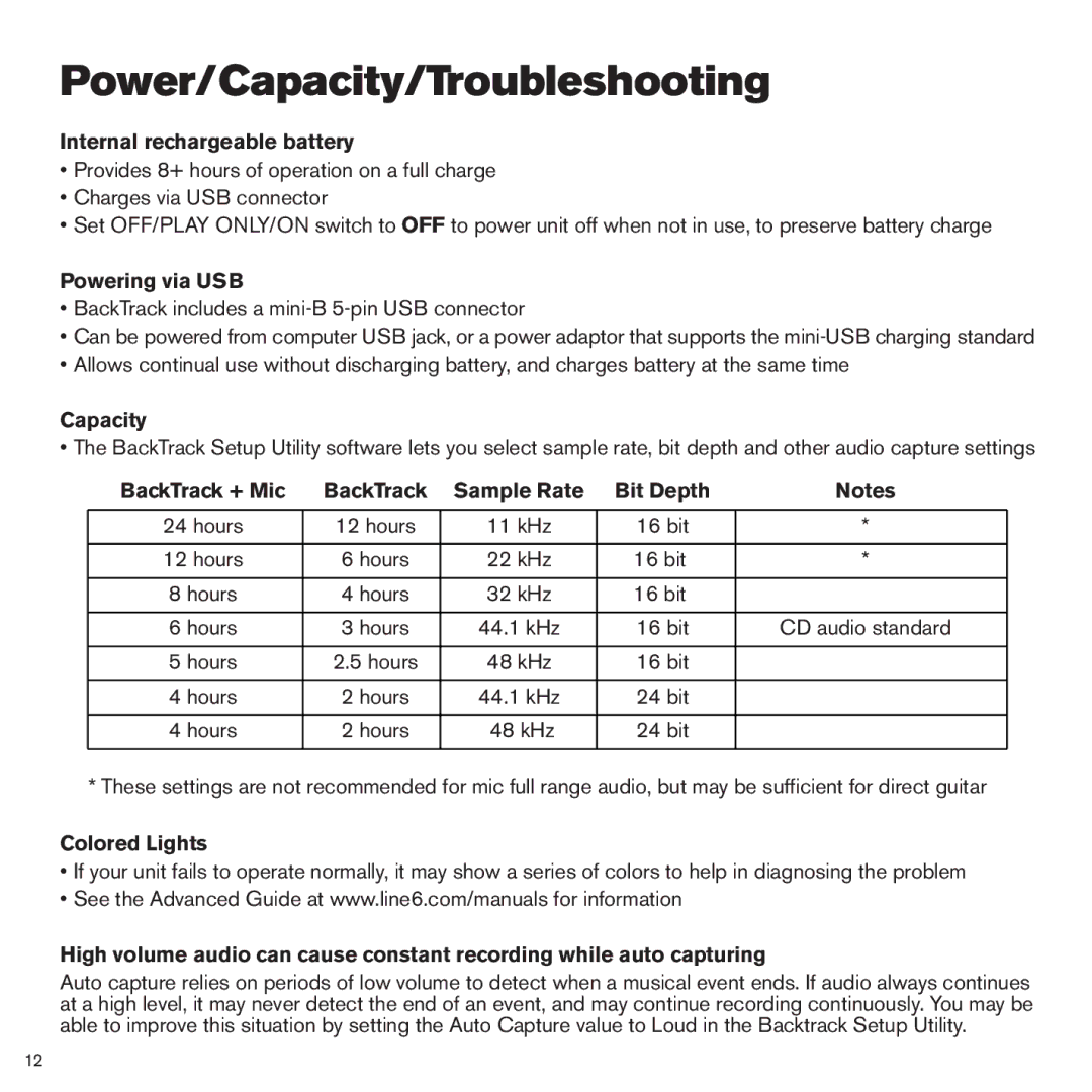 Line 6 BackTrack Series manual Power/Capacity/Troubleshooting 