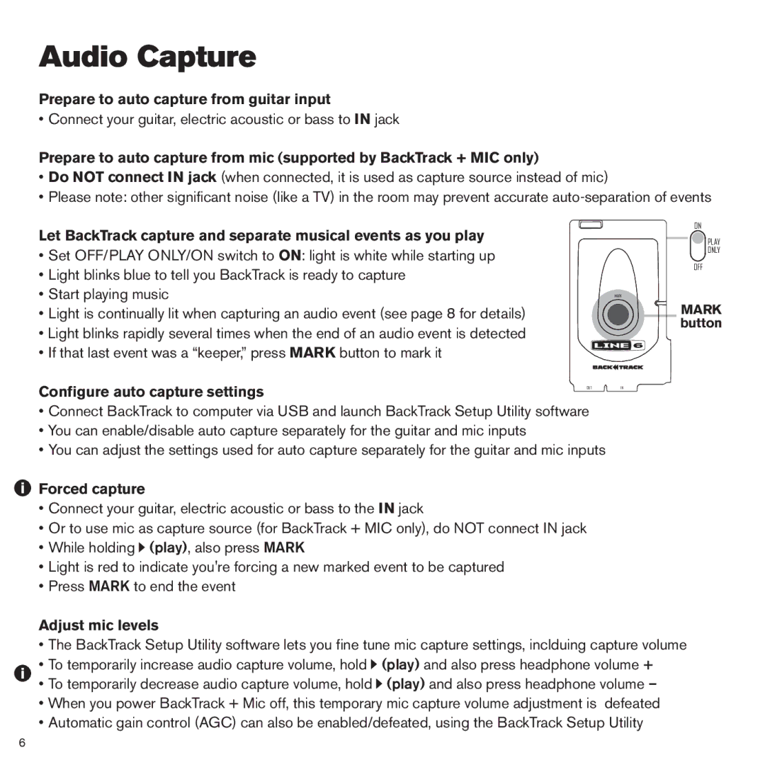 Line 6 BackTrack Series manual Audio Capture, Prepare to auto capture from guitar input, Configure auto capture settings 