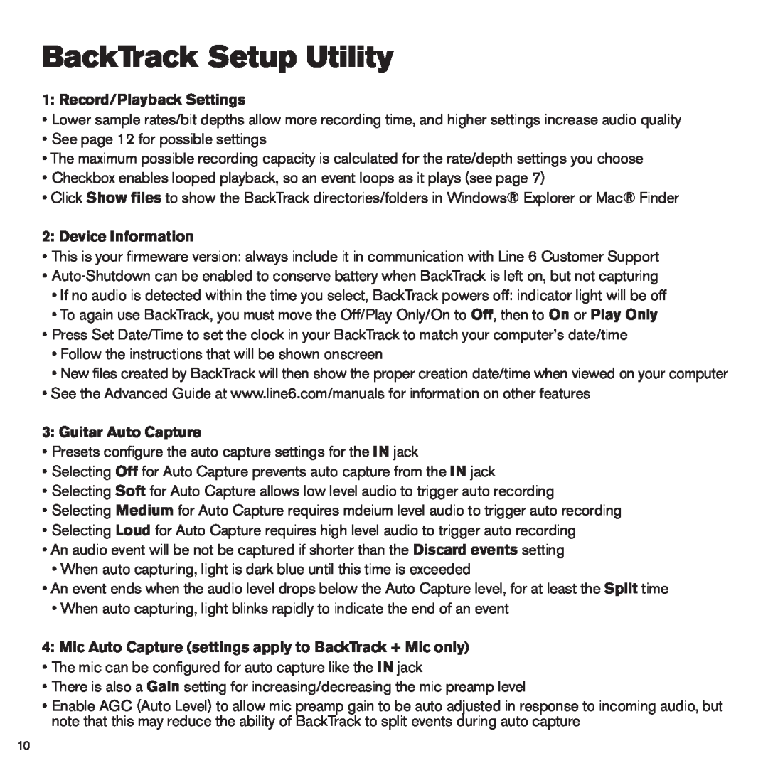 Line 6 BackTrack Series manual BackTrack Setup Utility, Record/Playback Settings, Device Information, Guitar Auto Capture 
