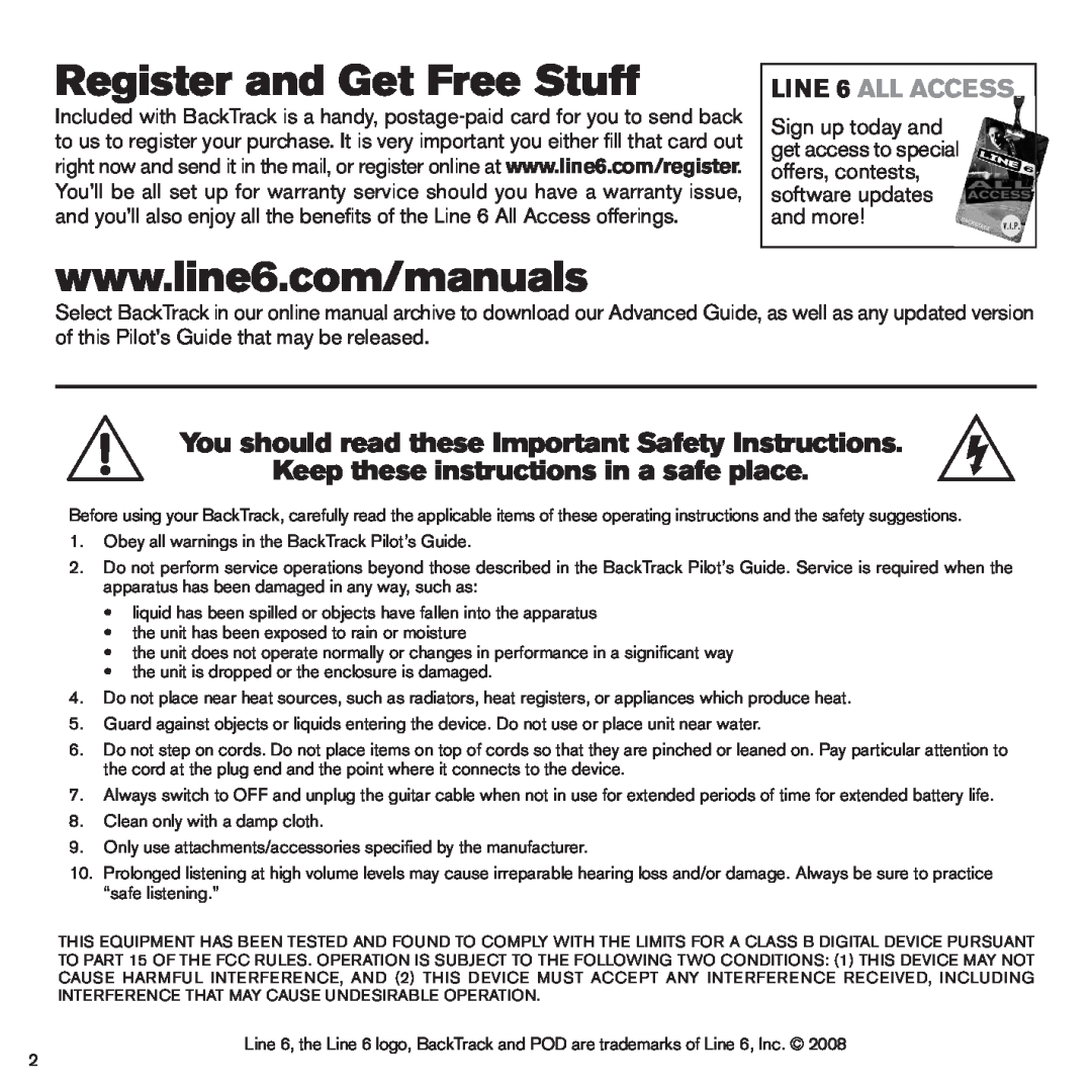 Line 6 BackTrack Series manual Register and Get Free Stuff, Keep these instructions in a safe place, LINE 6 ALL ACCESS 