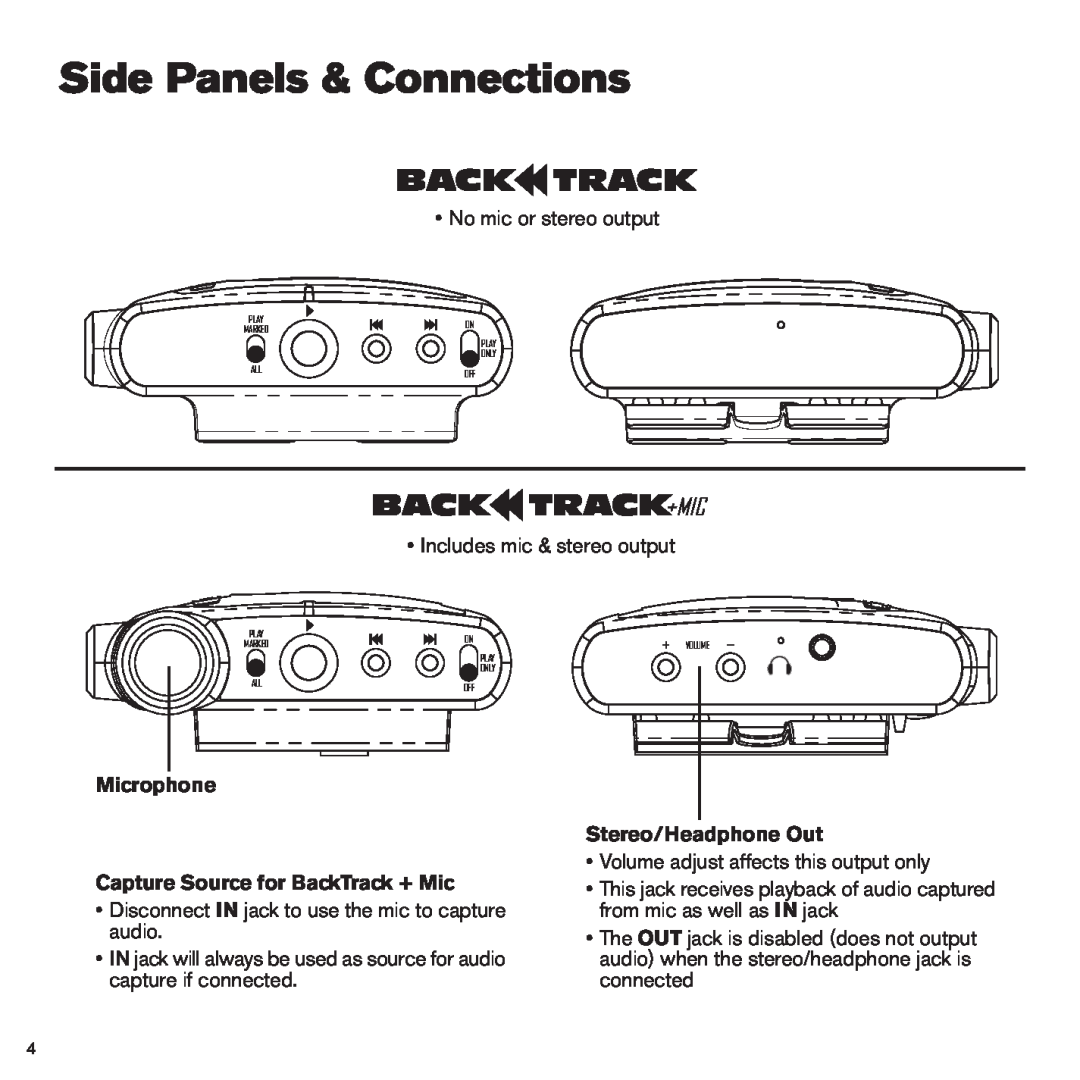 Line 6 BackTrack Series Side Panels & Connections, Microphone Capture Source for BackTrack + Mic, Stereo/Headphone Out 