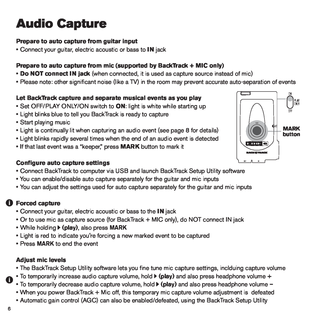 Line 6 BackTrack Series manual Audio Capture, Prepare to auto capture from guitar input, Configure auto capture settings 
