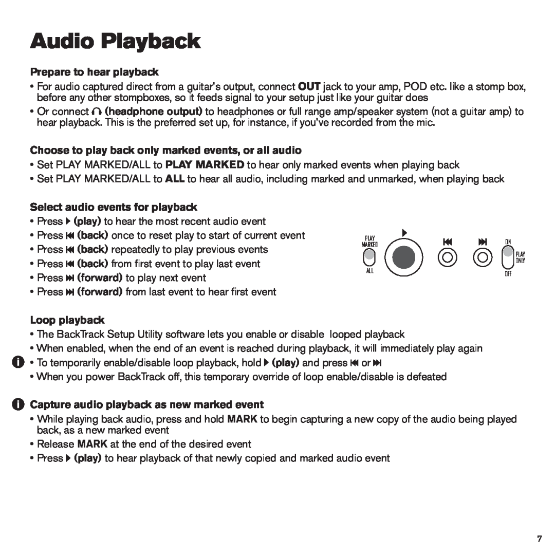 Line 6 BackTrack Series manual Audio Playback, Prepare to hear playback, Select audio events for playback, Loop playback 