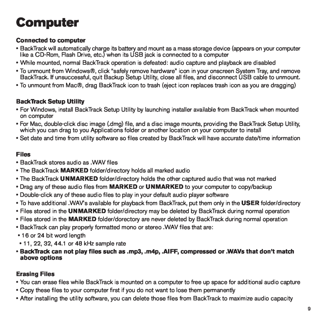 Line 6 BackTrack Series manual Computer, Connected to computer, BackTrack Setup Utility, Erasing Files 