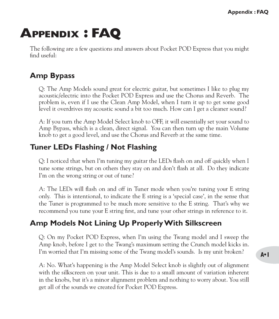 Line 6 express manual Amp Bypass, Tuner LEDs Flashing / Not Flashing, Amp Models Not Lining Up Properly With Silkscreen 