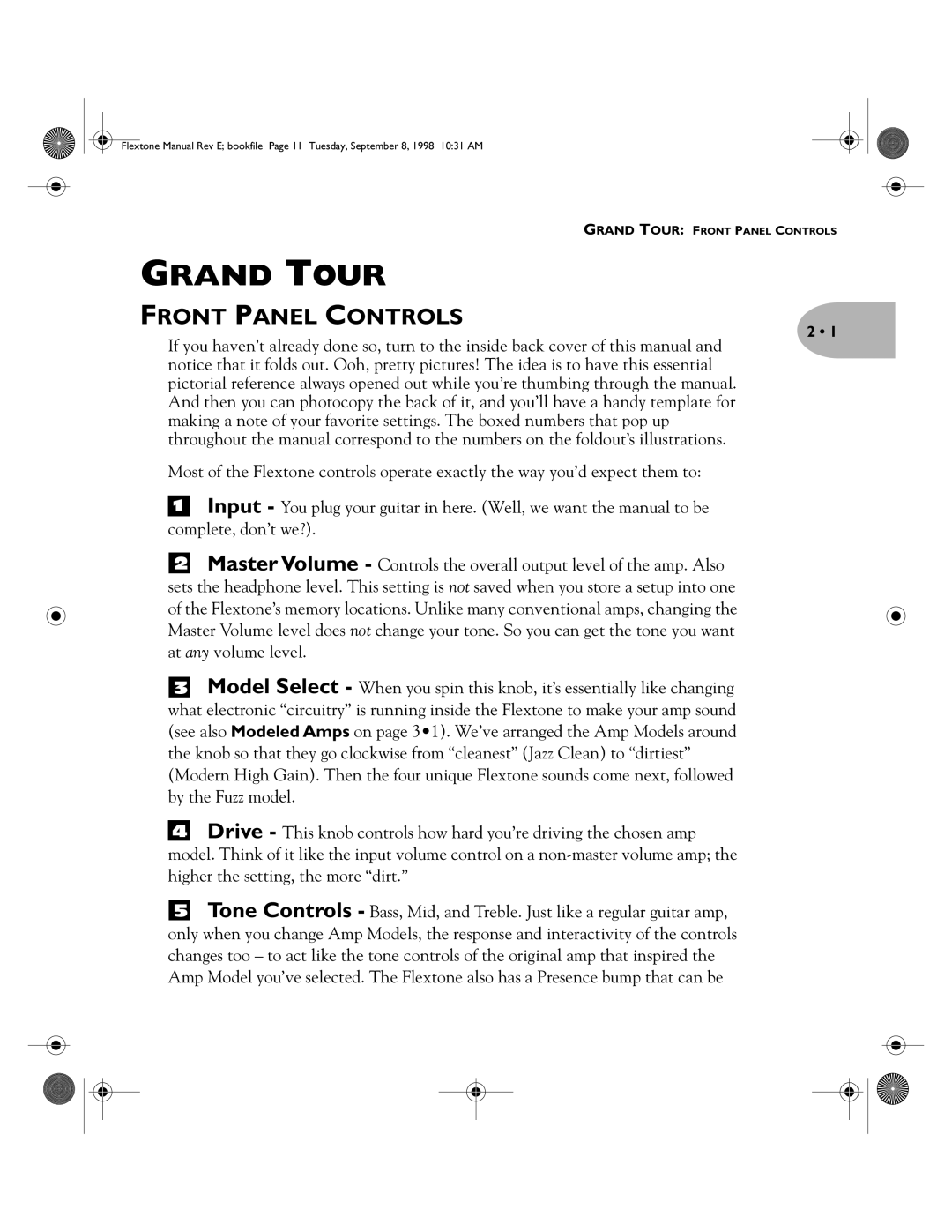 Line 6 Flextone Cab 212S user manual Grand Tour, Front Panel Controls 