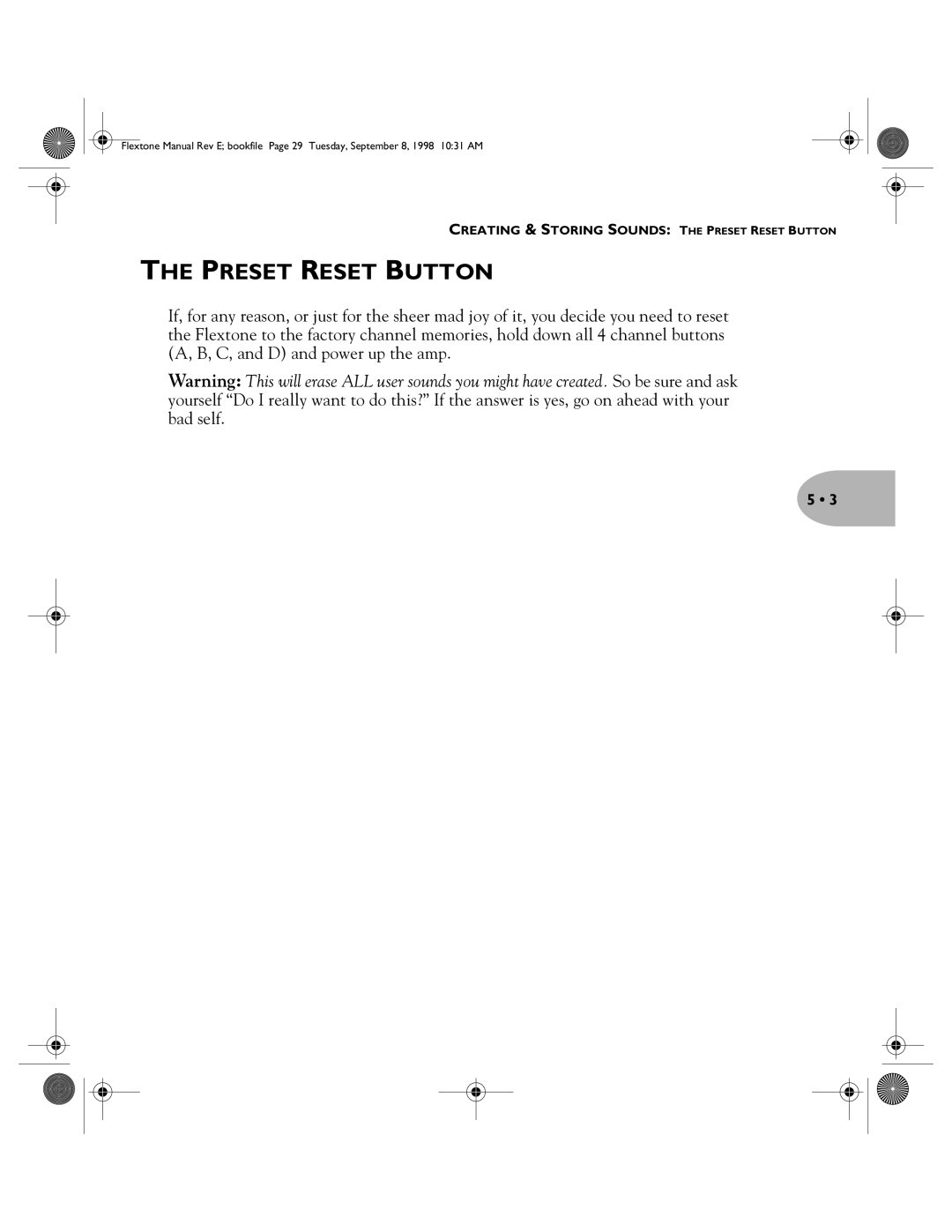 Line 6 Flextone Cab 212S user manual Preset Reset Button 