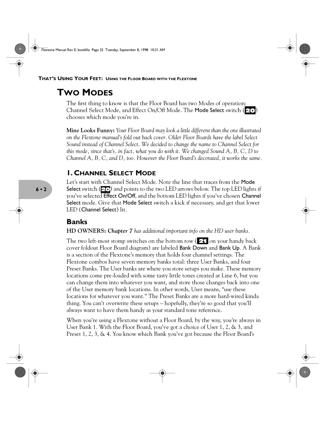 Line 6 Flextone Cab 212S user manual TWO Modes, Banks, Channel Select Mode 