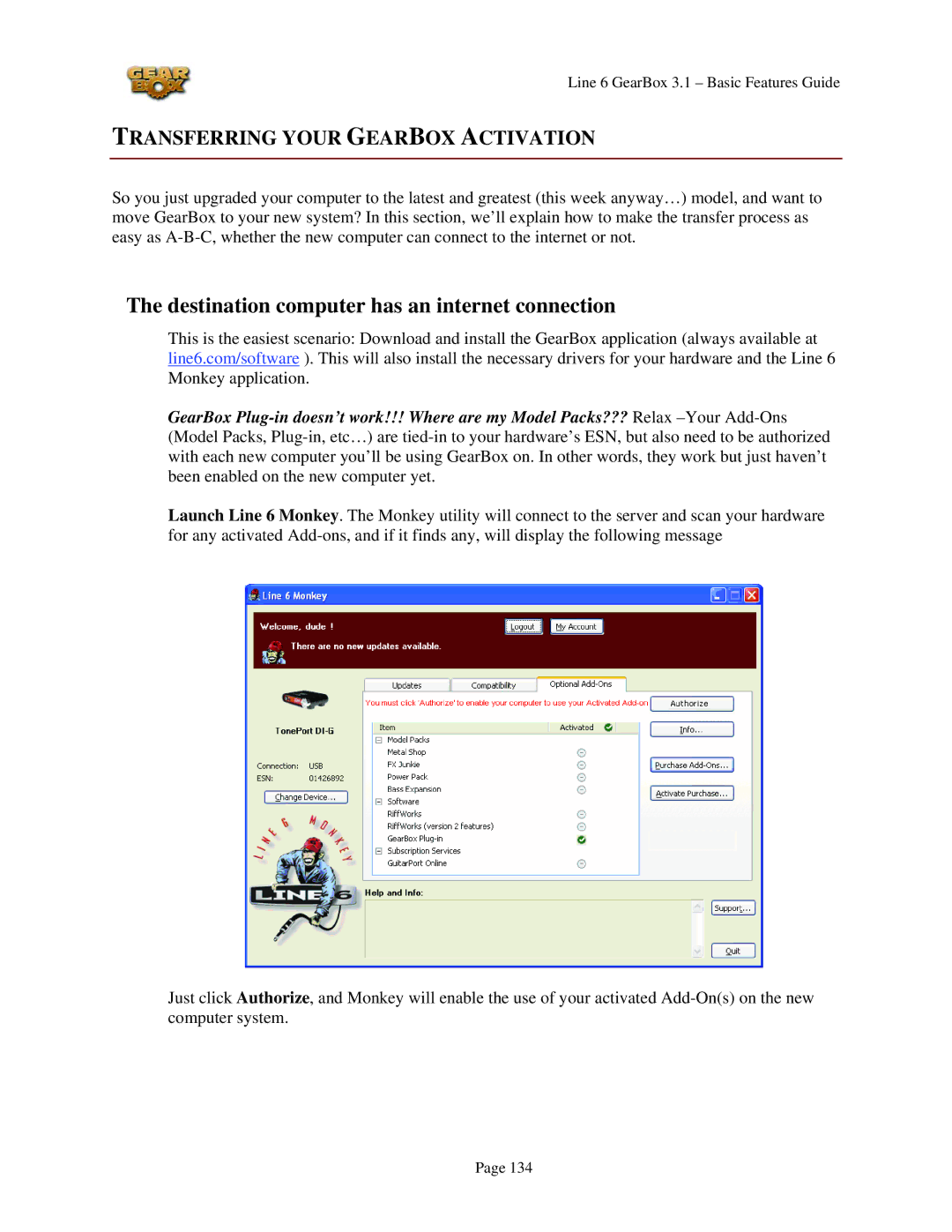 Line 6 headphones powered monitors Destination computer has an internet connection, Transferring Your Gearbox Activation 