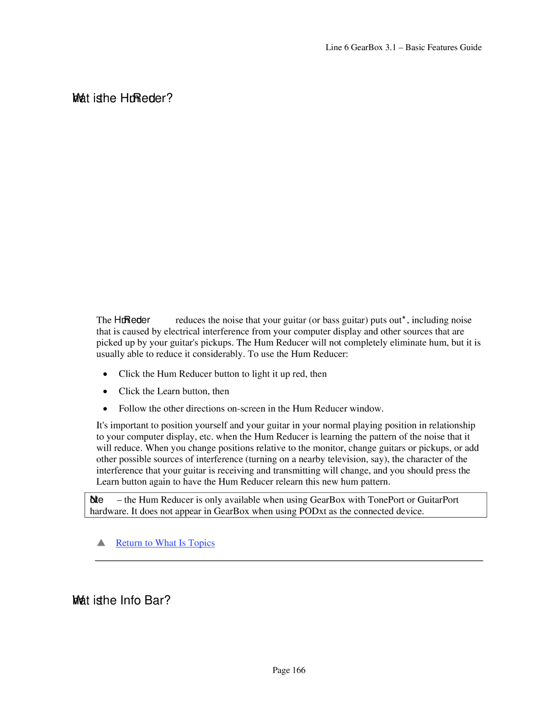 Line 6 headphones powered monitors manual What is the Hum Reducer?, What is the Info Bar? 