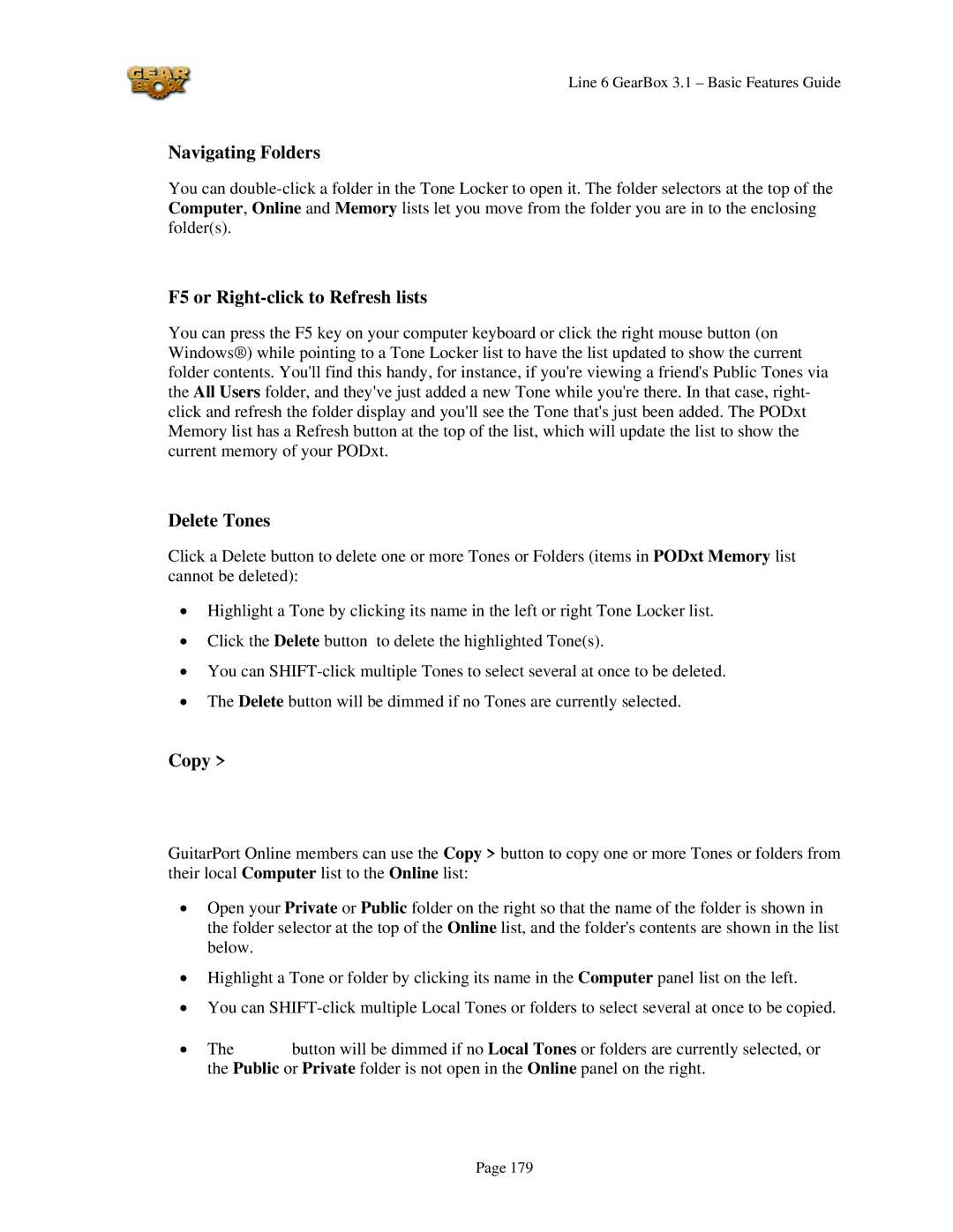 Line 6 headphones powered monitors manual Navigating Folders, F5 or Right-click to Refresh lists, Delete Tones, Copy 