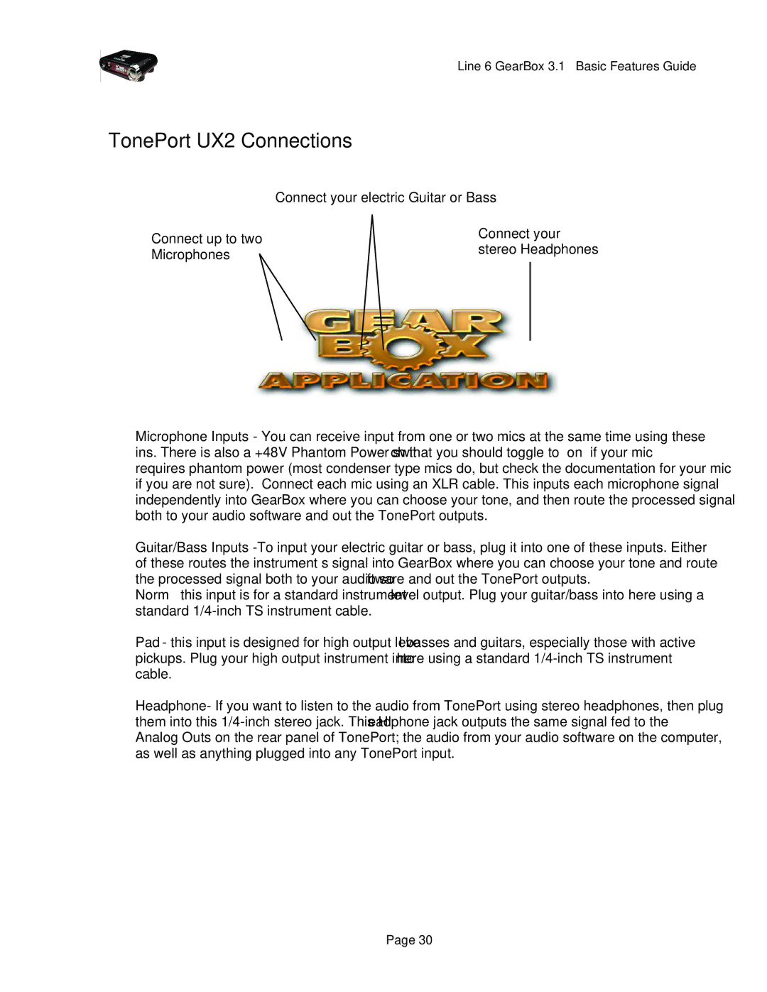 Line 6 headphones powered monitors manual TonePort UX2 Connections, Microphones 