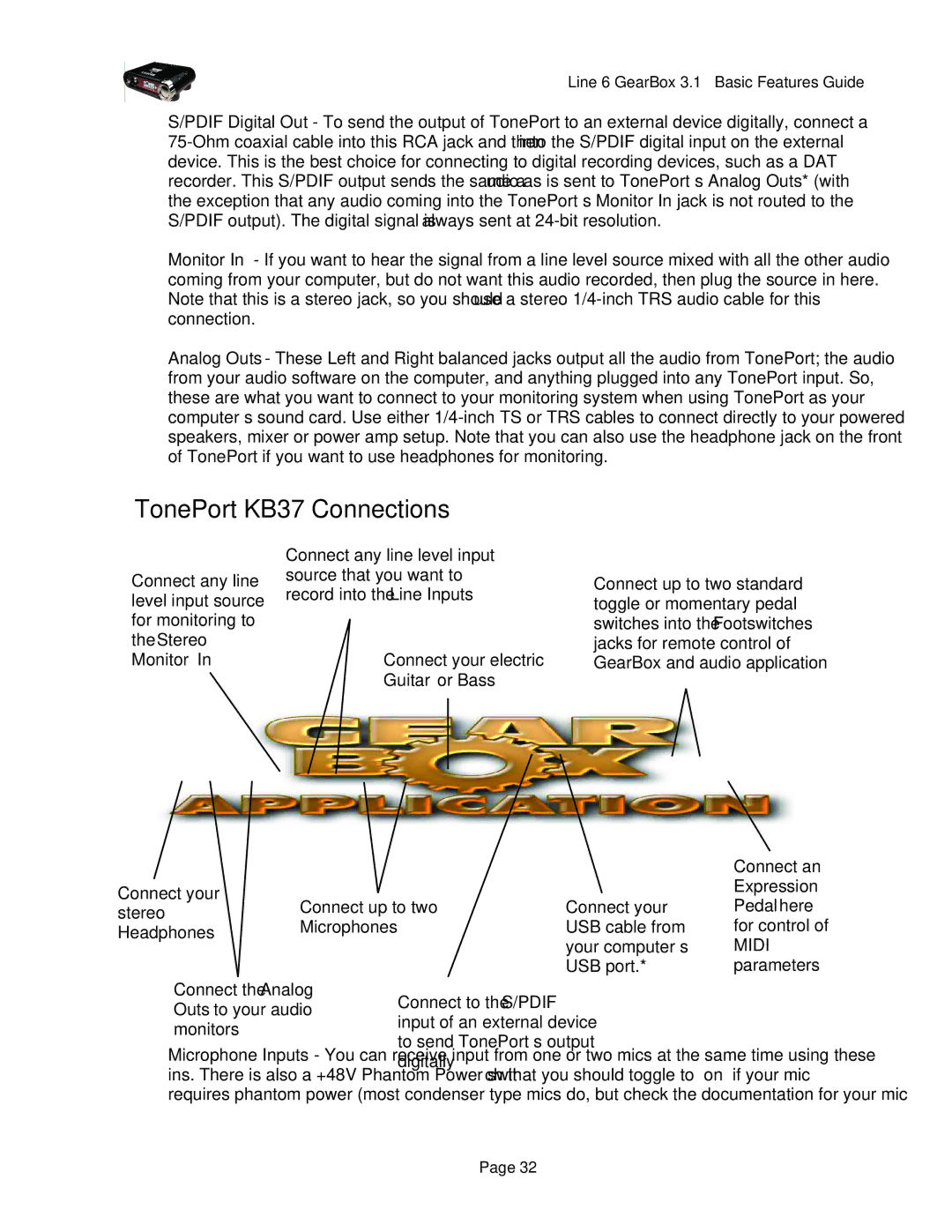 Line 6 headphones powered monitors manual TonePort KB37 Connections, Guitar or Bass 