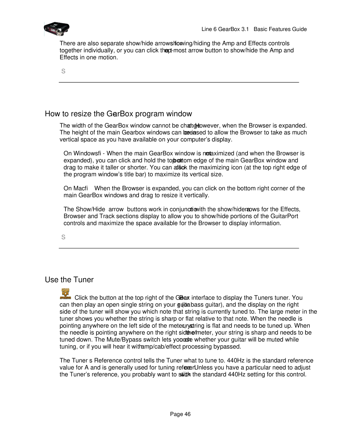 Line 6 headphones powered monitors manual How to resize the GearBox program window, Use the Tuner 