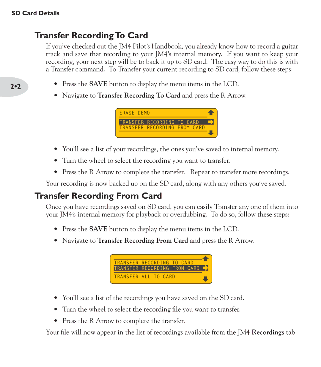 Line 6 JM4 manual Transfer Recording To Card, Transfer Recording From Card 