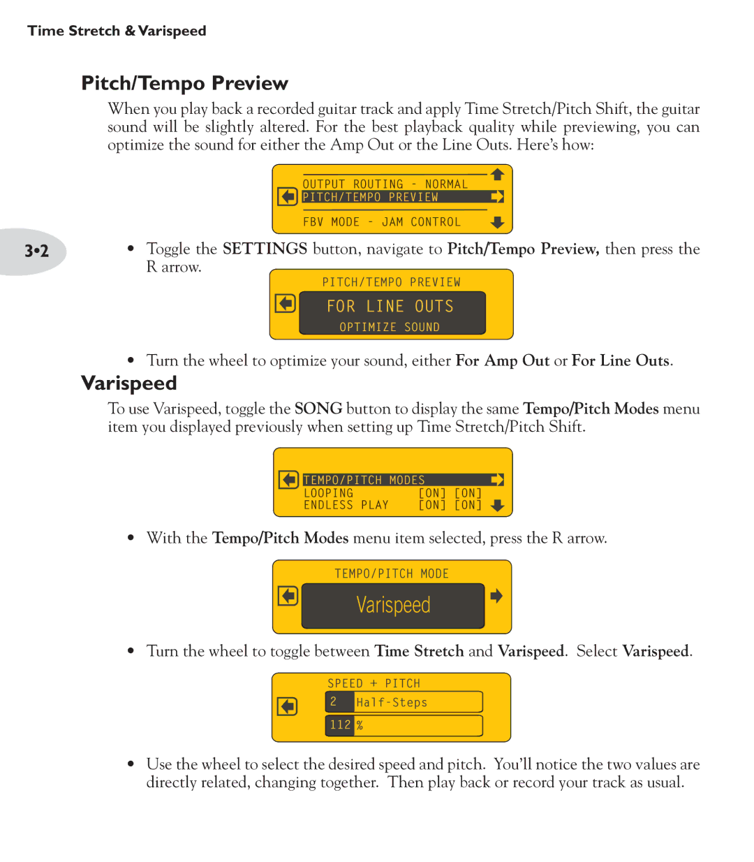 Line 6 JM4 manual Pitch/Tempo Preview, Varispeed 