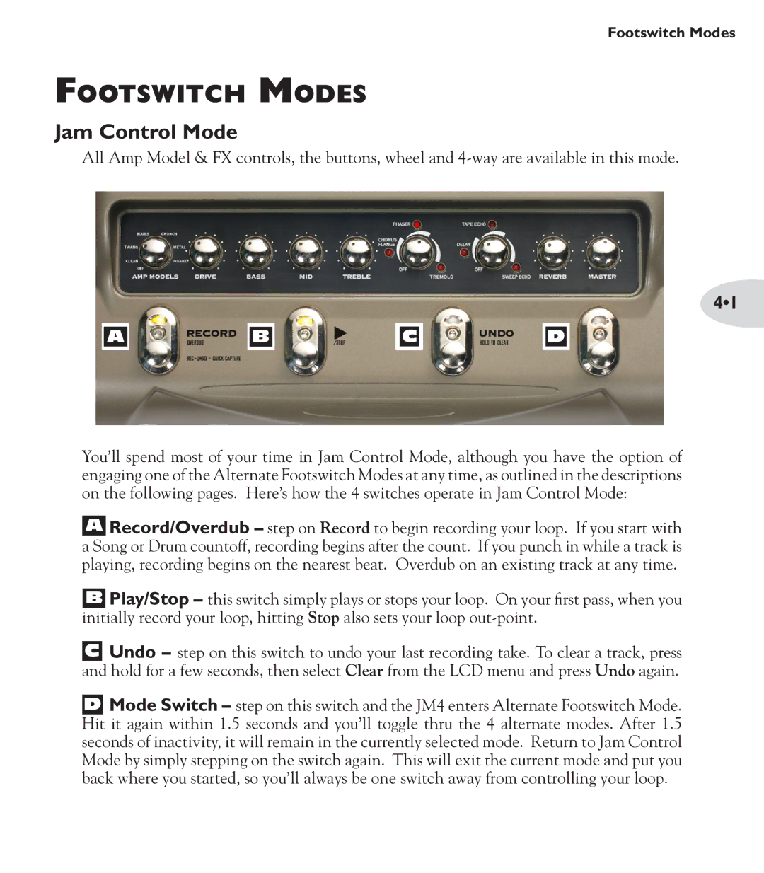 Line 6 JM4 manual Footswitch Modes, Jam Control Mode 