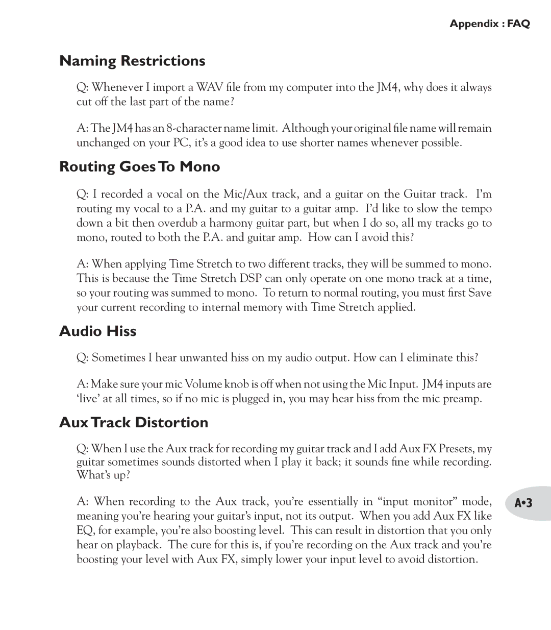 Line 6 JM4 manual Naming Restrictions, Routing Goes To Mono, Audio Hiss, Aux Track Distortion 