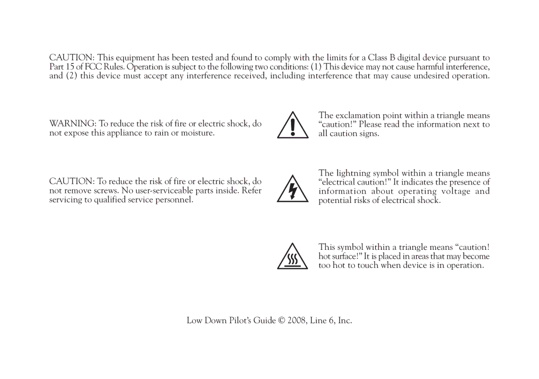 Line 6 LD-15 manual Low Down Pilot’s Guide 2008, Line 6, Inc 