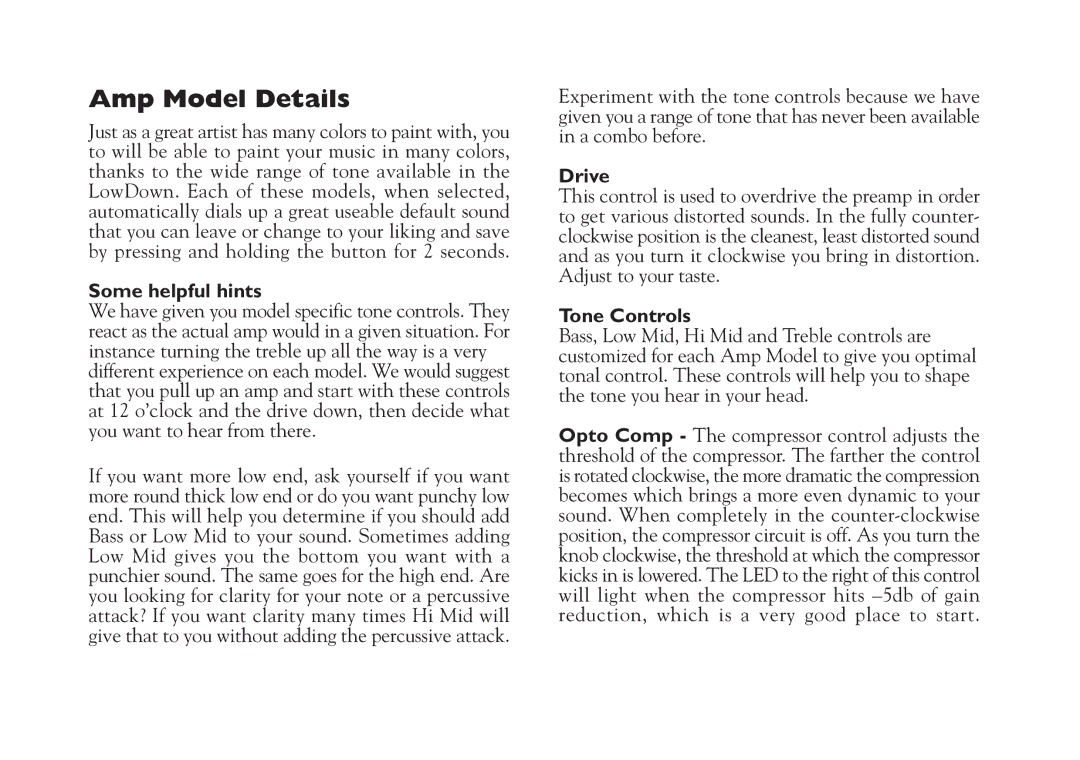 Line 6 LD-15 manual Amp Model Details, Some helpful hints, Drive, Tone Controls 