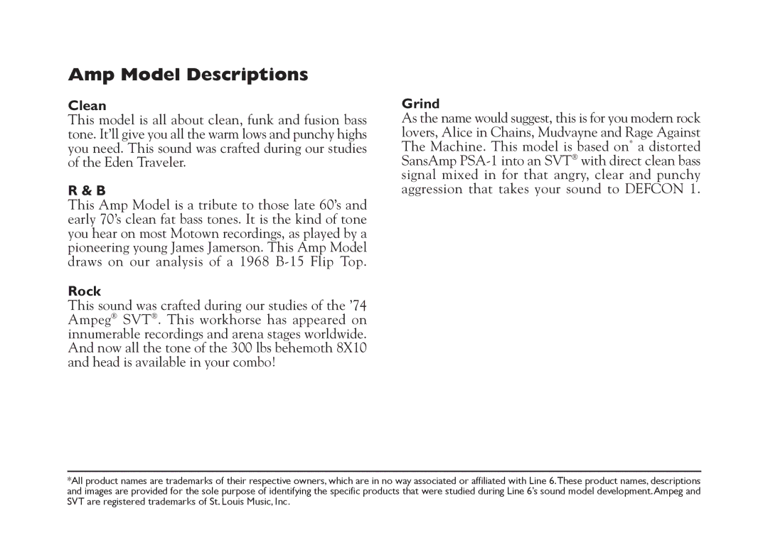 Line 6 LD-15 manual Amp Model Descriptions, Clean, Rock, Grind 