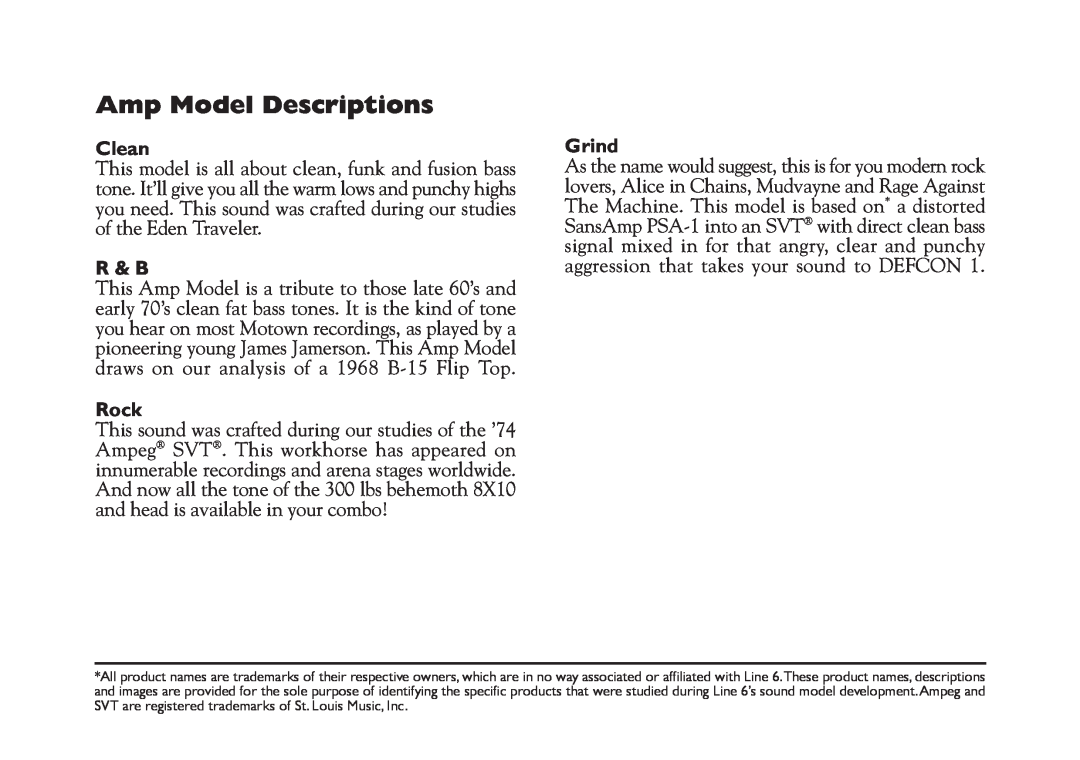 Line 6 LD-15 manual Amp Model Descriptions, Clean, R & B, Rock, Grind 