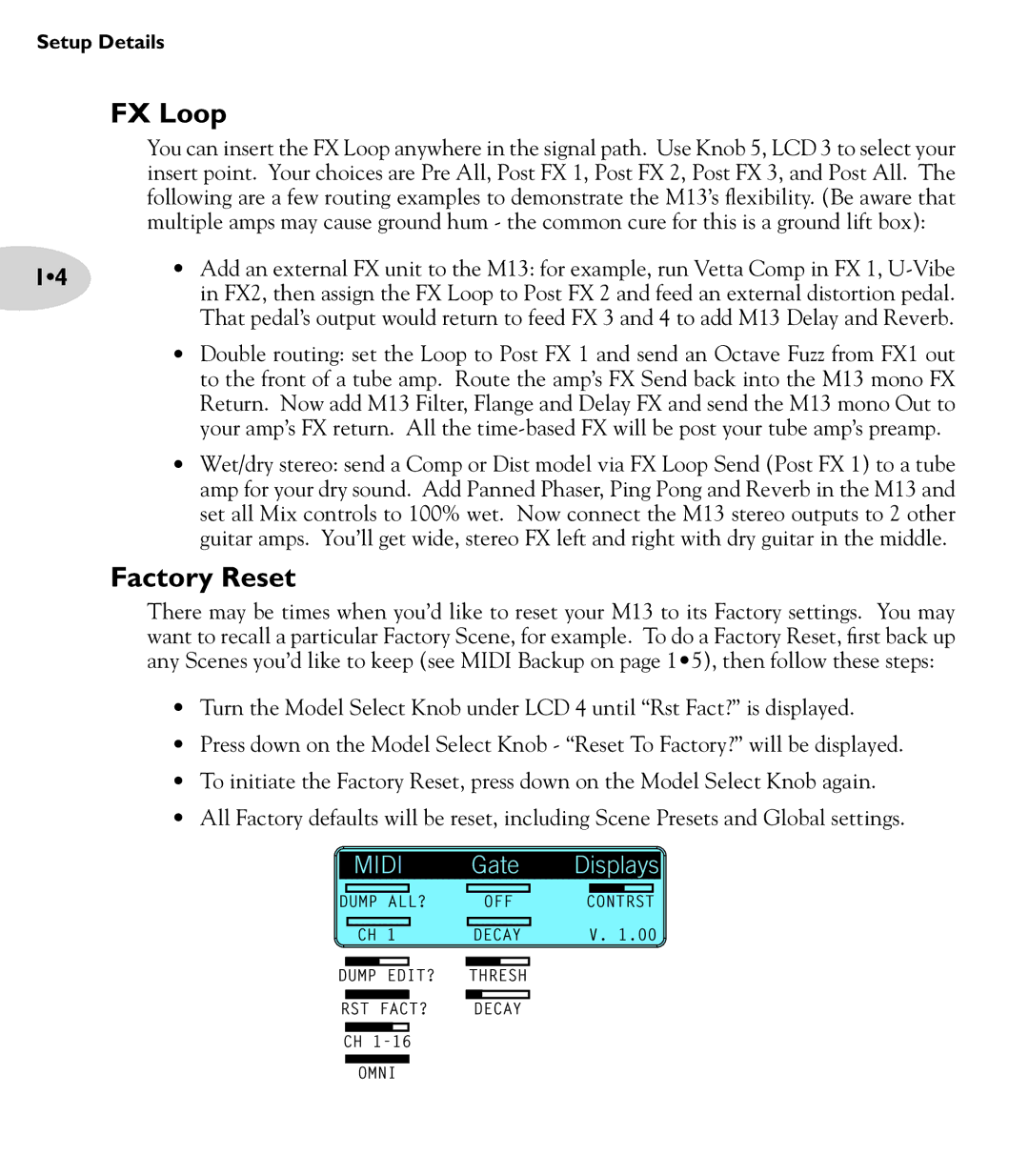 Line 6 M13 manual FX Loop, Factory Reset 