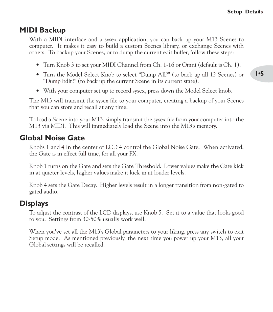 Line 6 M13 manual Midi Backup, Global Noise Gate, Displays 