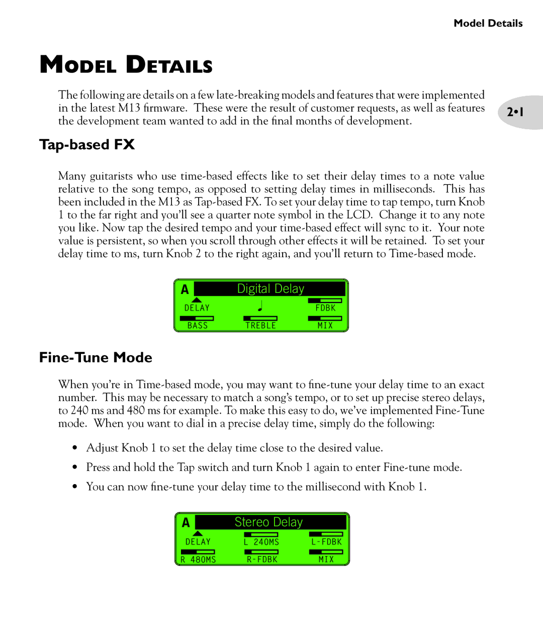 Line 6 M13 manual Model Details, Tap-based FX, Fine-Tune Mode 