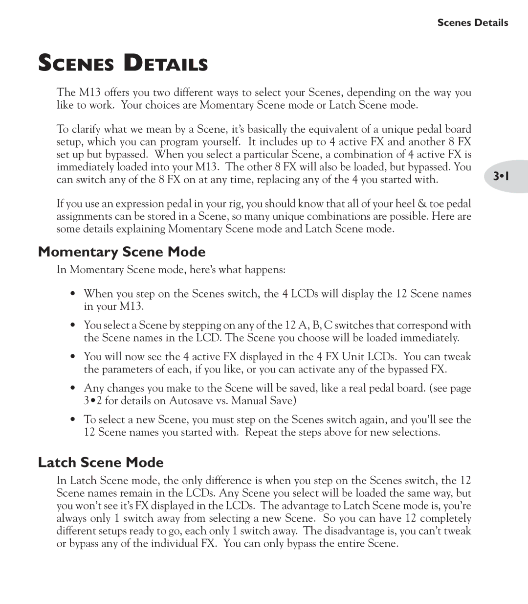 Line 6 M13 manual Scenes Details, Momentary Scene Mode, Latch Scene Mode 