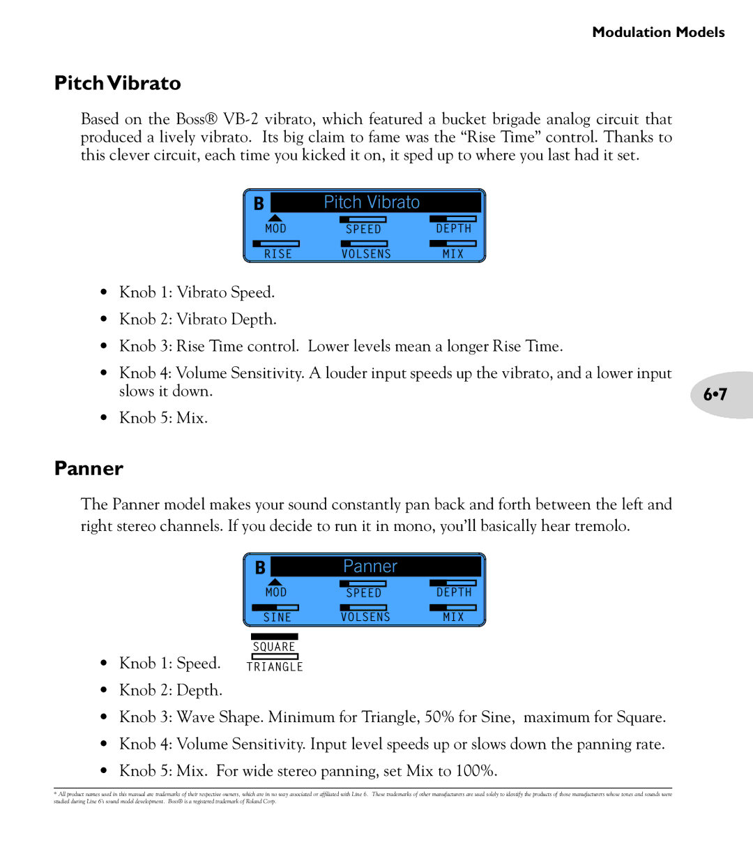 Line 6 M13 manual Pitch Vibrato, Panner 