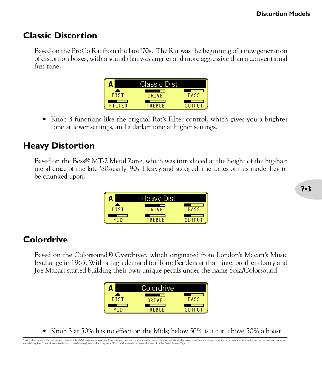 Line 6 M13 manual Classic Distortion, Heavy Distortion, Colordrive 