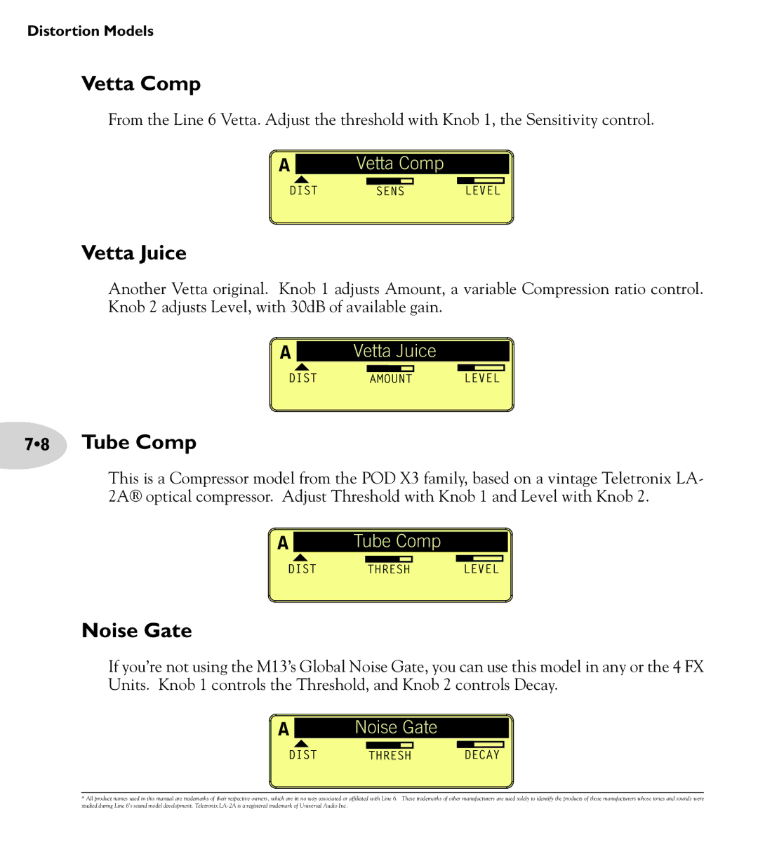 Line 6 M13 manual Vetta Comp, Vetta Juice, Tube Comp, Noise Gate 