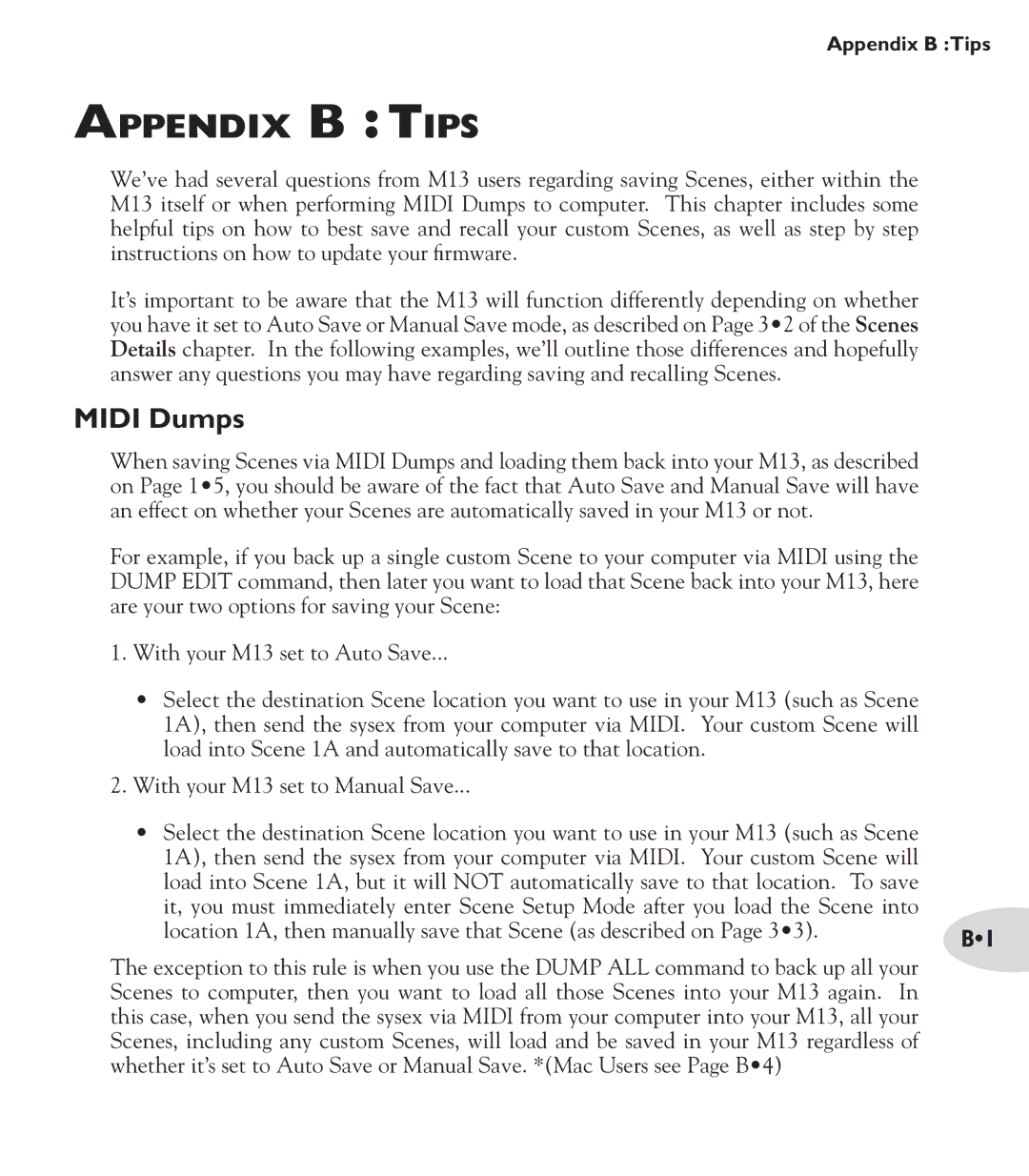 Line 6 M13 manual Appendix B Tips, Midi Dumps 