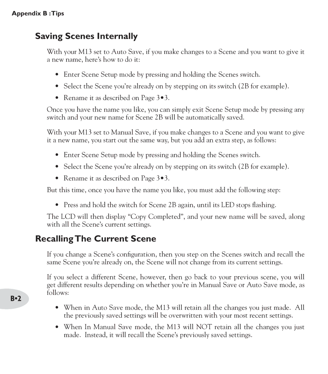 Line 6 M13 manual Saving Scenes Internally, Recalling The Current Scene 