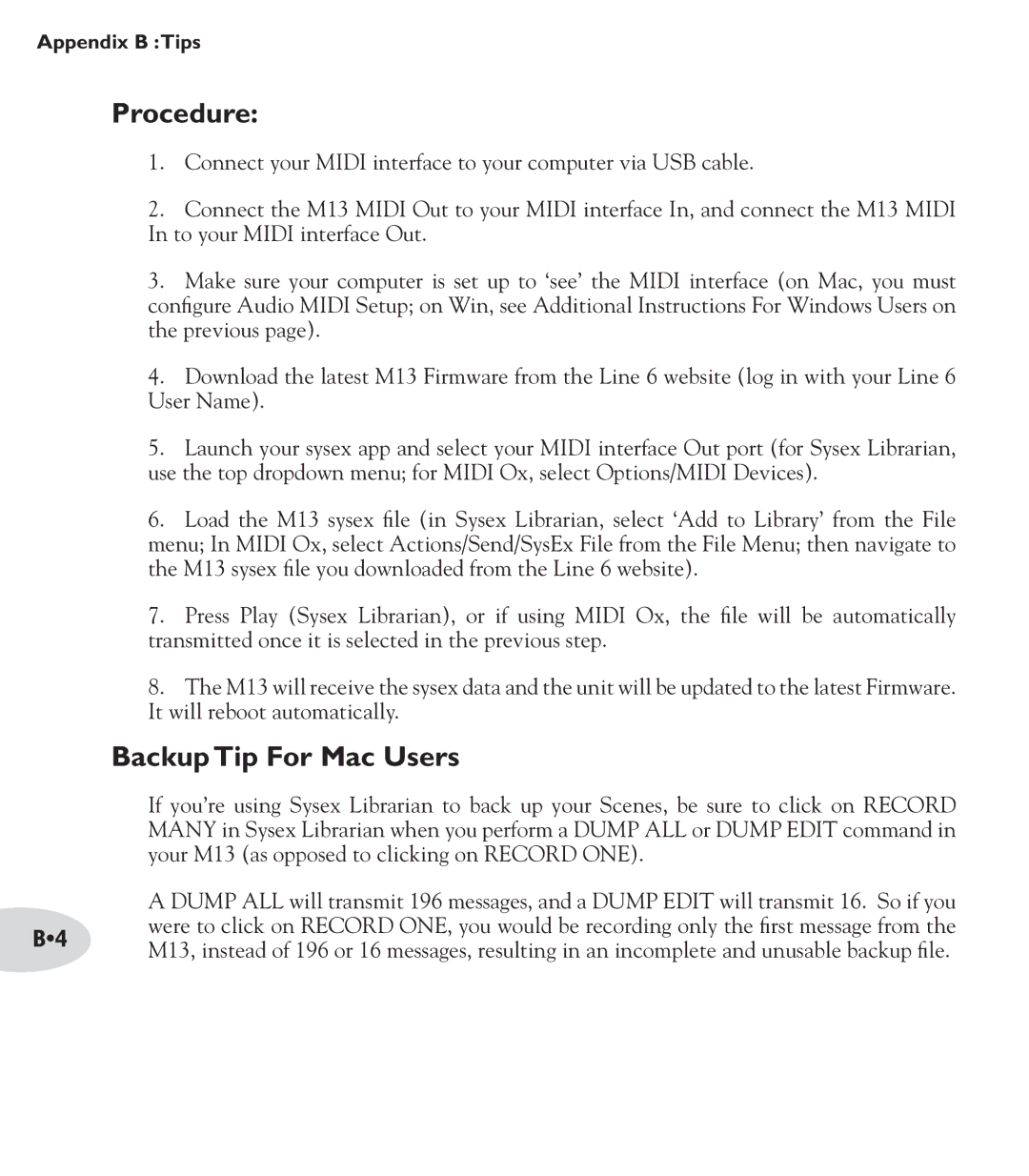 Line 6 M13 manual Procedure, Backup Tip For Mac Users 