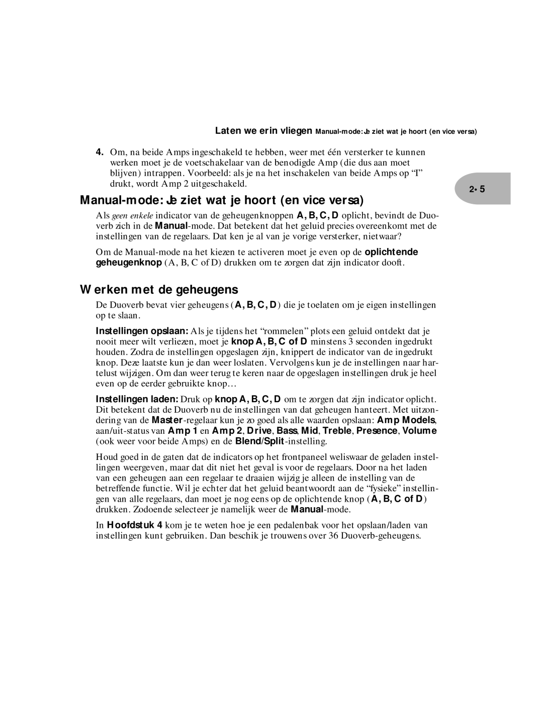 Line 6 Pilot Enhandbook manual Manual-mode Je ziet wat je hoort en vice versa, Werken met de geheugens 