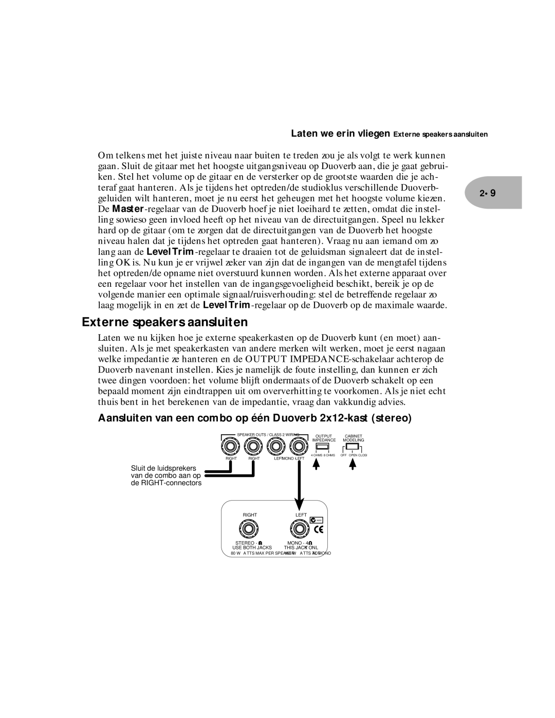 Line 6 Pilot Enhandbook manual Externe speakers aansluiten, Aansluiten van een combo op één Duoverb 2x12-kast stereo 