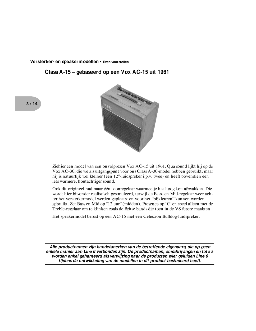 Line 6 Pilot Enhandbook manual Class A-15 gebaseerd op een Vox AC-15 uit 