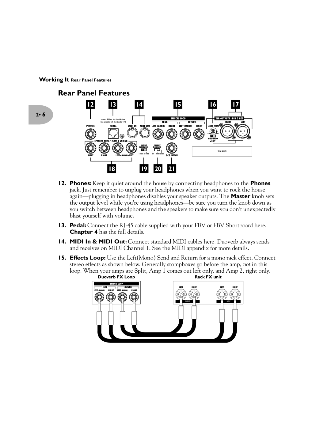 Line 6 Pilot's Handbook manual Rear Panel Features, XLR Outputs PIN 2 HOT 