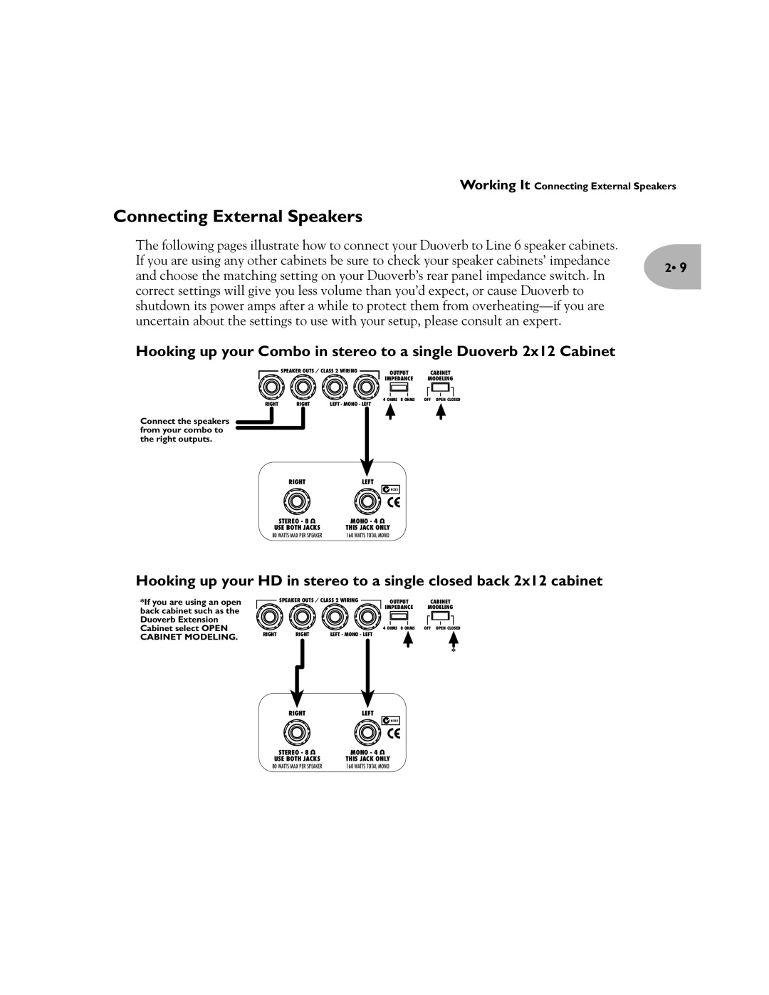 Line 6 Pilot's Handbook manual Connecting External Speakers, Connect the speakers from your combo to the right outputs 